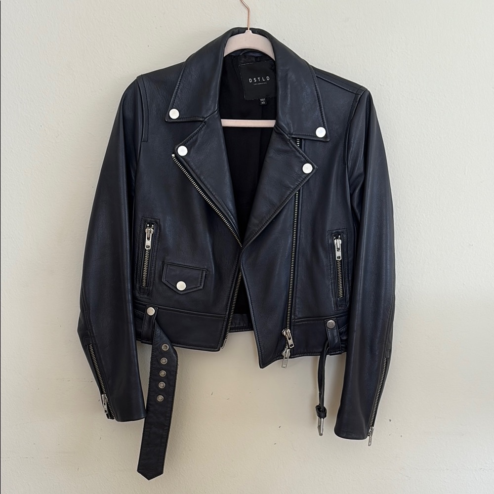 DSTLD Dark Navy Leather Biker Jacket with Notched Lapel and Belt